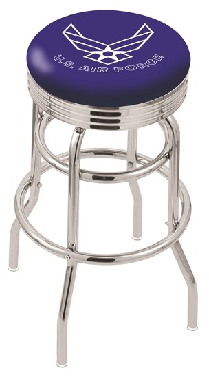 Chrome swivel seaat bar, counter stool, chrome ring 25 or 30" shown w/ logo seat