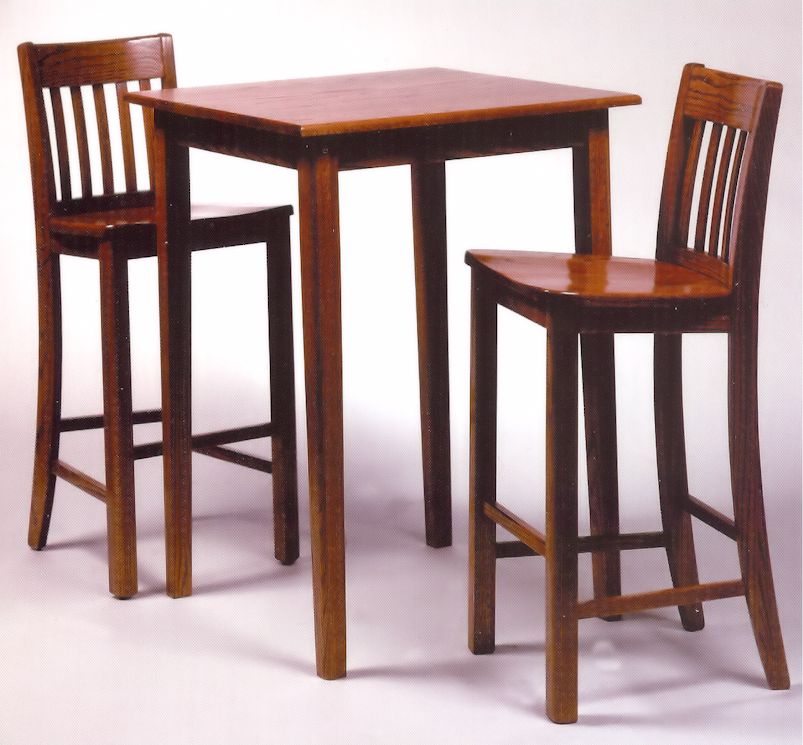 solid oak square pub table shown with mission bar stools
